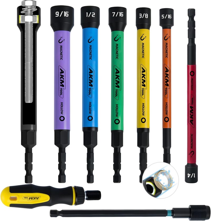 AKM TOOL 8 PCS Hollow Nut Driver Set, Magnetic Nut Driver Set with Ratcheting Handle, Hollow Shaft Nut Driver Set, SAE, Color Coded, 1/4 to 9/16-Inch, Hollow Nut Driver with 5-Inch Extended Reach - Image 1